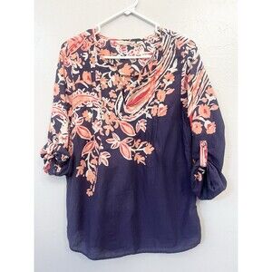 Soft Surroundings Shirt Tunic Small Floral Roll Tab Sleeve Boxy  100% Cotton Top